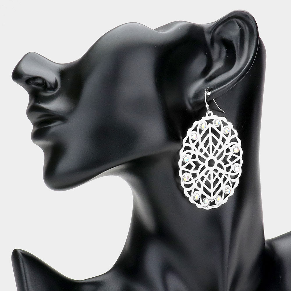 Stone Embellished Brass Metal Patterned Oval Dangle Earrings