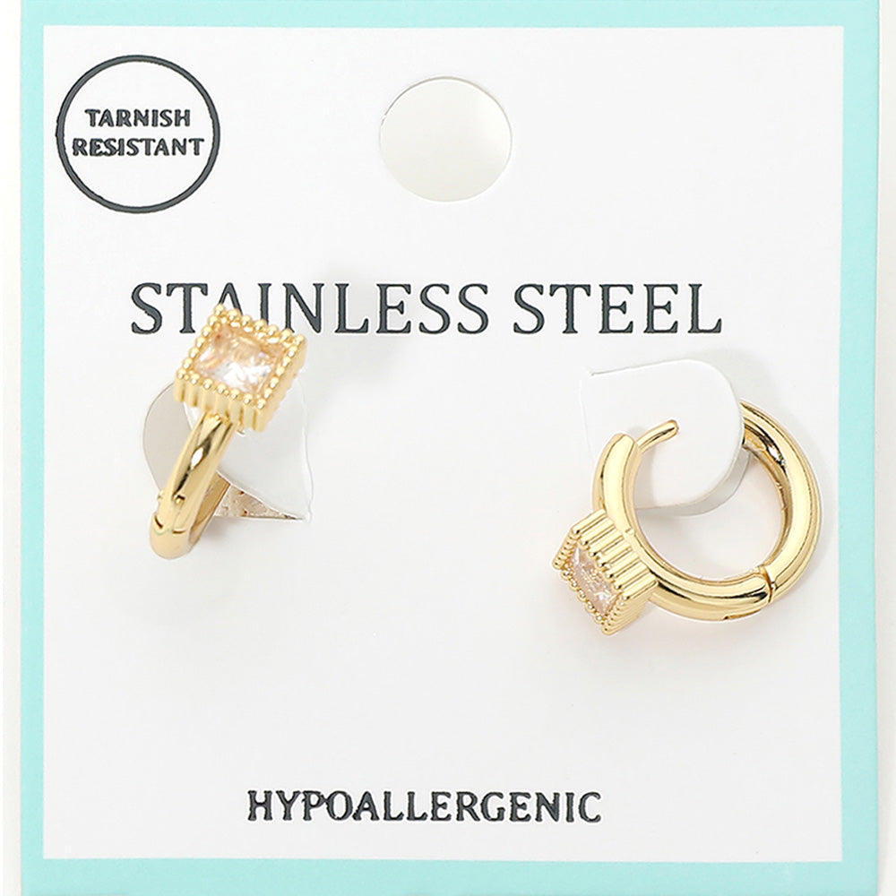 Stainless Steel Square Stone Accent Mini Huggie Hoop Earrings