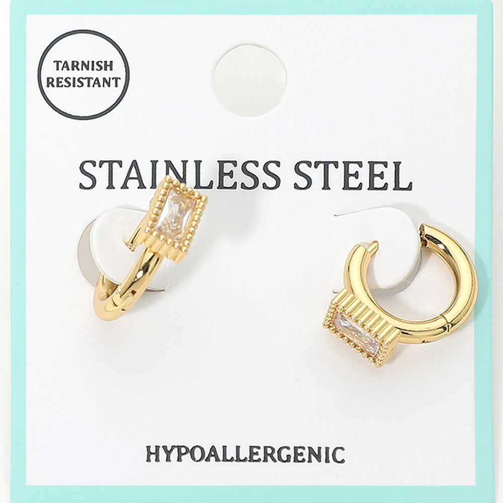 Stainless Steel Baguette Stone Accent Mini Huggie Hoop Earrings