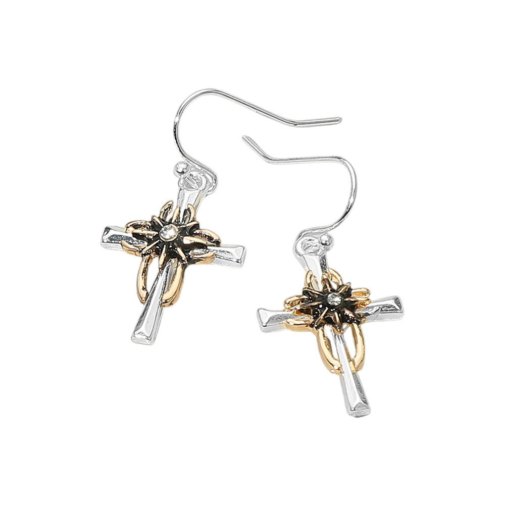 Stone Accent Two Tone Cross Dangle Earrings