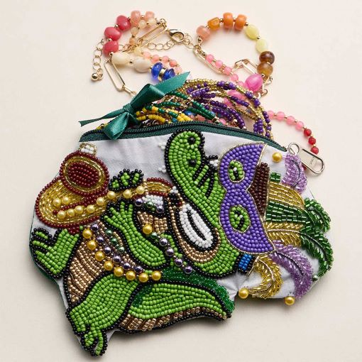 Mardi Gras Jester Alligator Seed Beaded Mini Pouch Bag