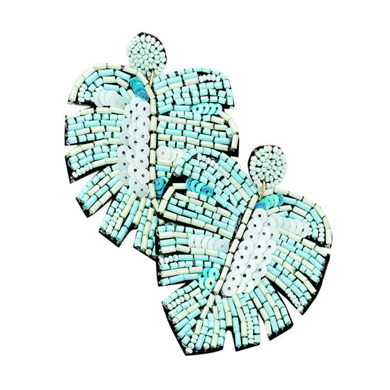 Beaded Tropical Leaf Dangle Earrings