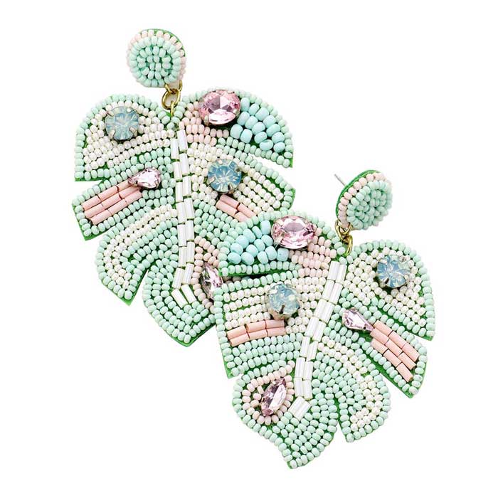 Felt Back Stone Embellished Seed Beaded Leaf Dangle Earring