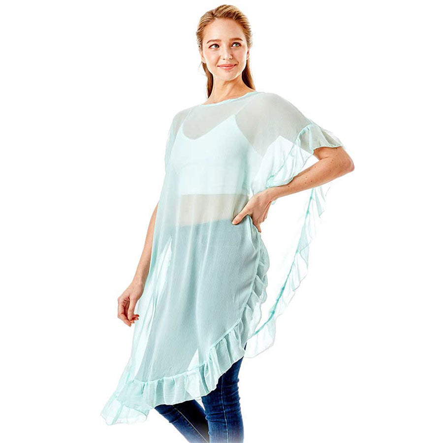 Solid Color Half Ruffled Cover Up Poncho
