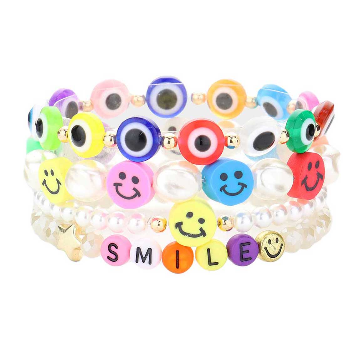 4PCS Freshwater Pearl Evil Eye Beaded Stretch Bracelets
