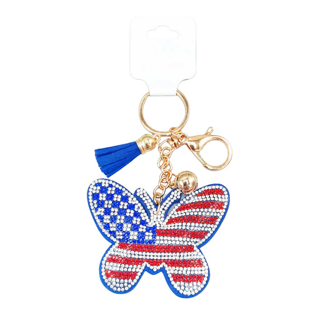 Bling American USA Flag Butterfly Tassel Keychain