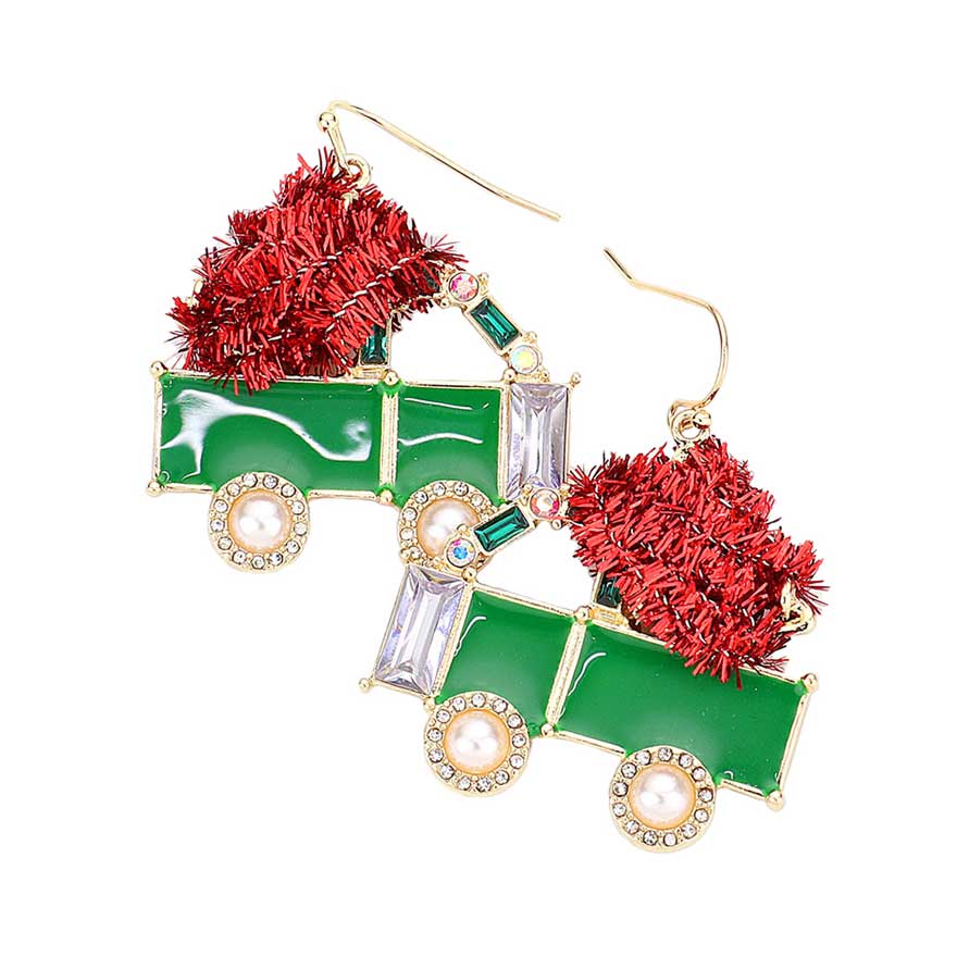 Enamel Stone Embellished Christmas Cart Dangle Earrings