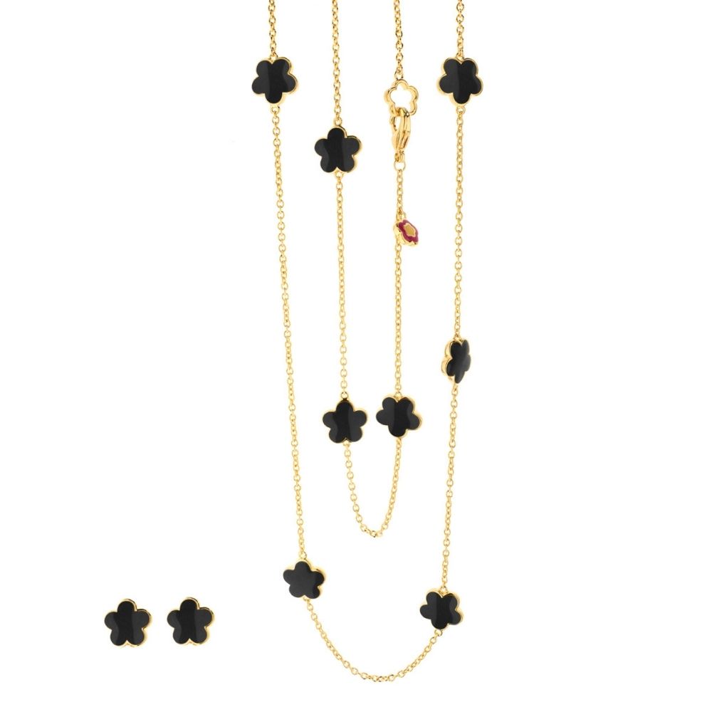Black Enamel Daisy Love Necklace & Earrings Set