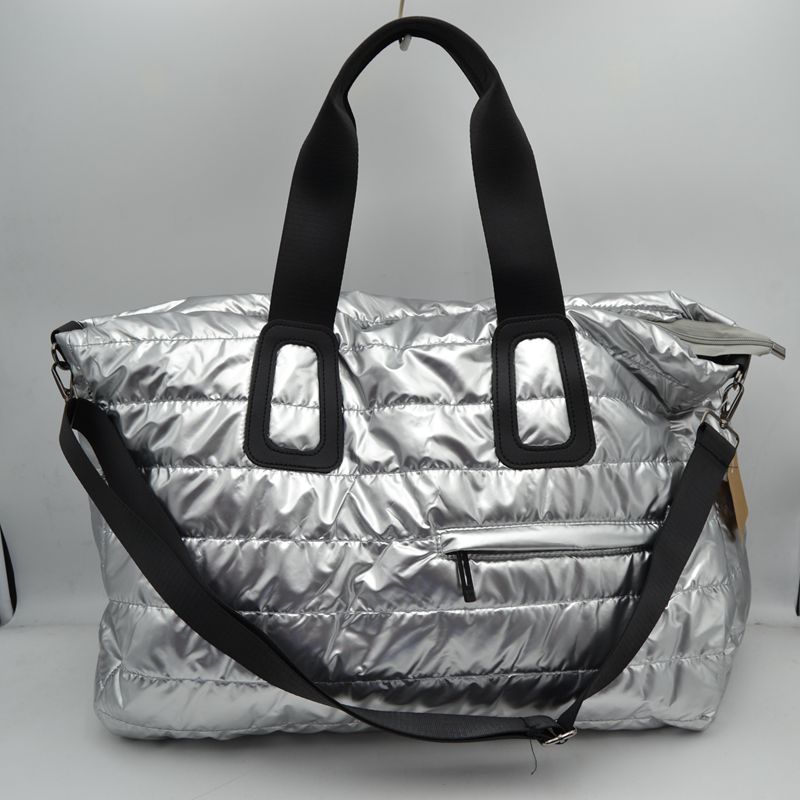 Horizontal Puffer Quilted Weekender Travel Duffel Bag with Shoulder Strap