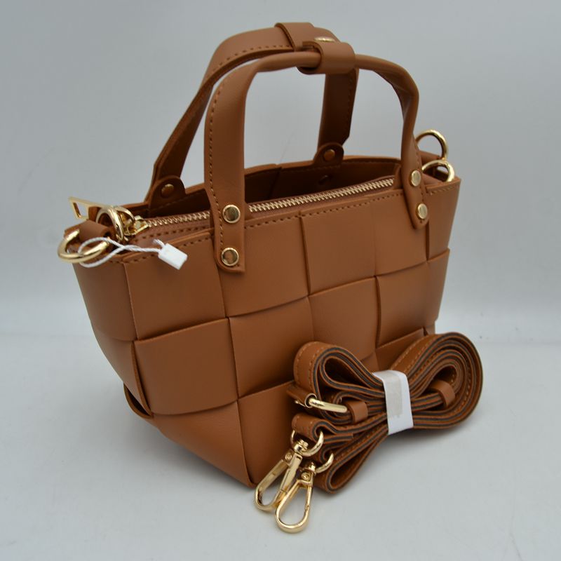 Wide Woven Basket Square Top-Handle Mini Tote Bag with Crossbody Strap