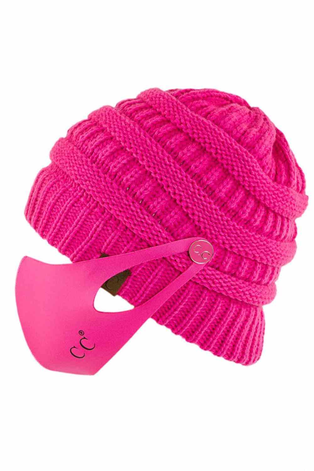 C.C Ribbed Knit Beanie With Mask Button
