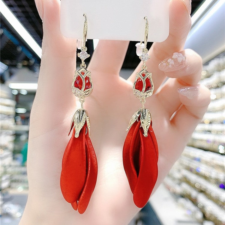 Women's Red Tulip Petal Trendy Elegant Long Earrings
