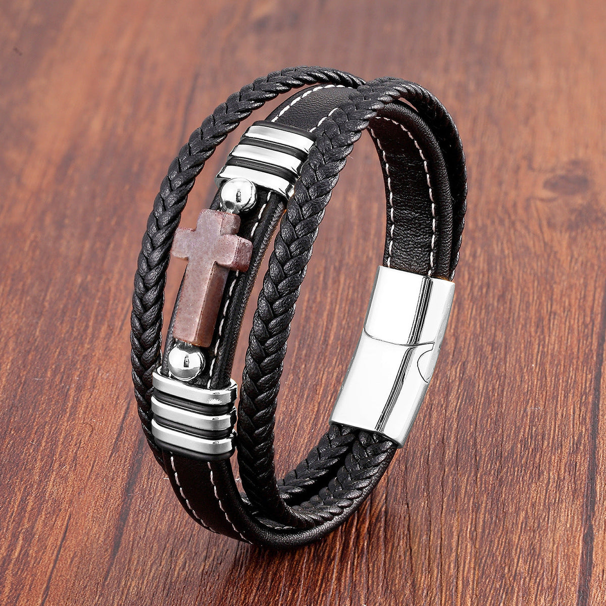 Men's Woven Leather Vintage Stone Cross Stainless Steel Bracelet