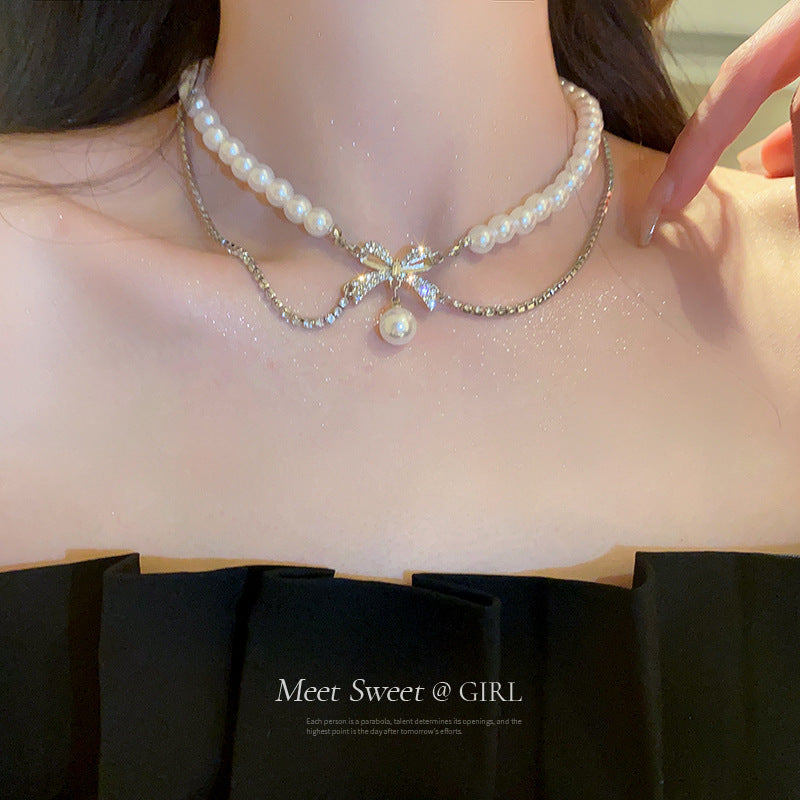 Women's Romance Rhinestone Bow Pearl Design Cold Necklaces
