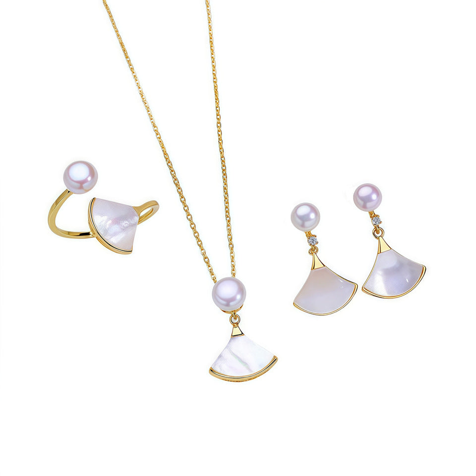 Skirt Natural Freshwater Pearl Ear Three-piece Suit Shell Fan-shaped Advanced Rings