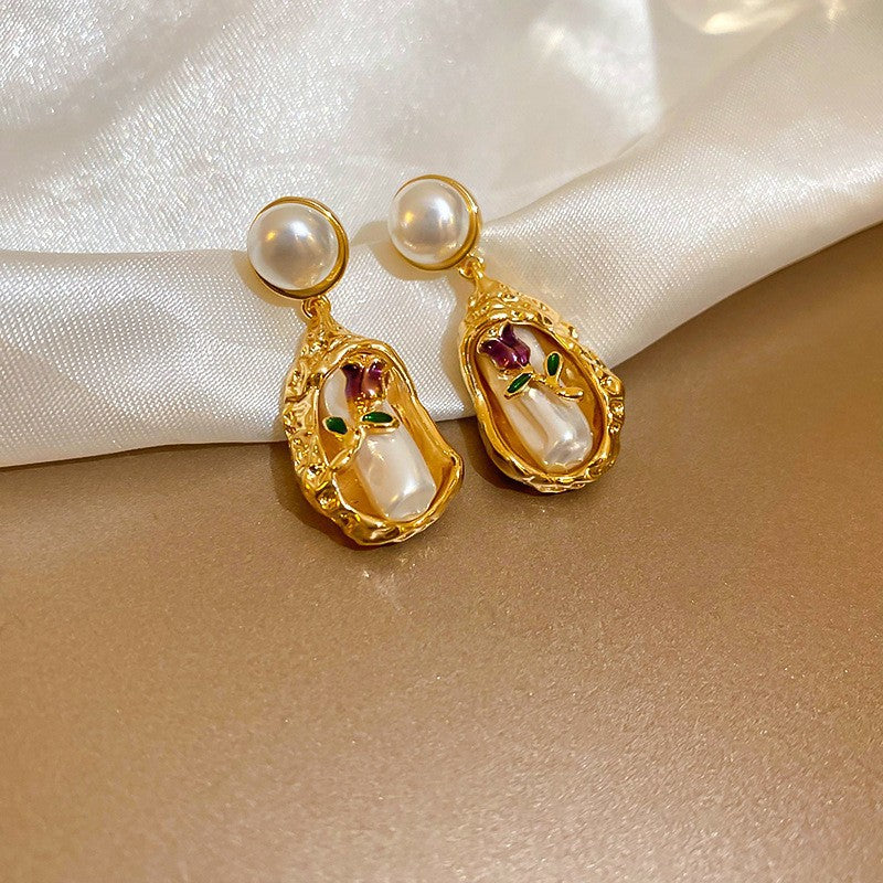 Jardin Monet Blue Glaze Flowers Pipa Pearl Chinese Retro Light Stud Earrings