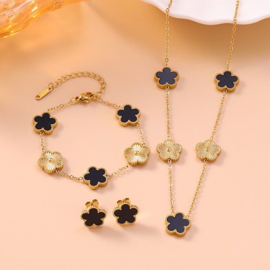 Women's Exquisite Texture Five-leaf Flower Ear Gold Stainless Jewelry Set