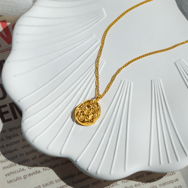 French Entry Lux Gold Embossed Pattern Female Titanium Steel Plated Necklace