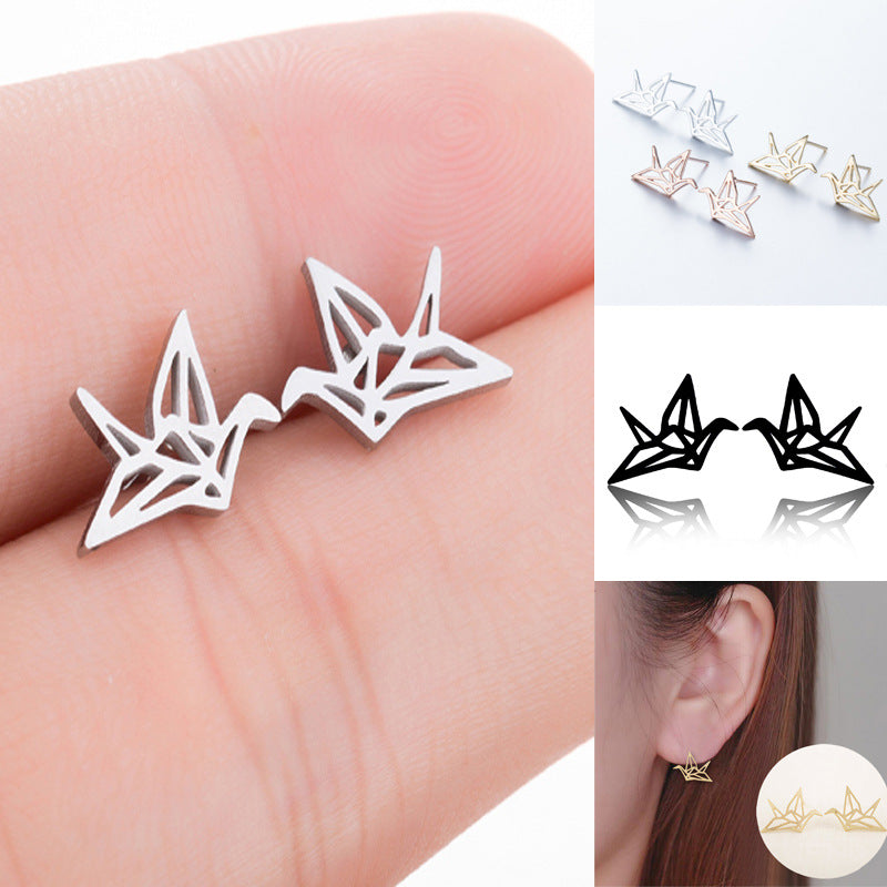 Hollow Bird National Style Small Exquisite Stainless Steel Animal Ear Stud Earrings