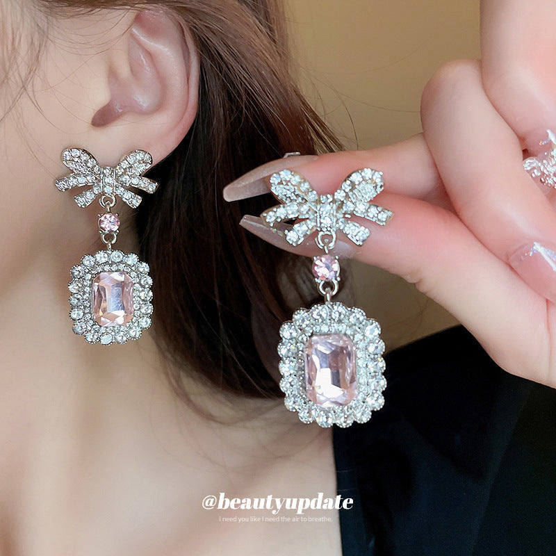 Diamond Rhinestone Zircon Square Bow Suite Earrings