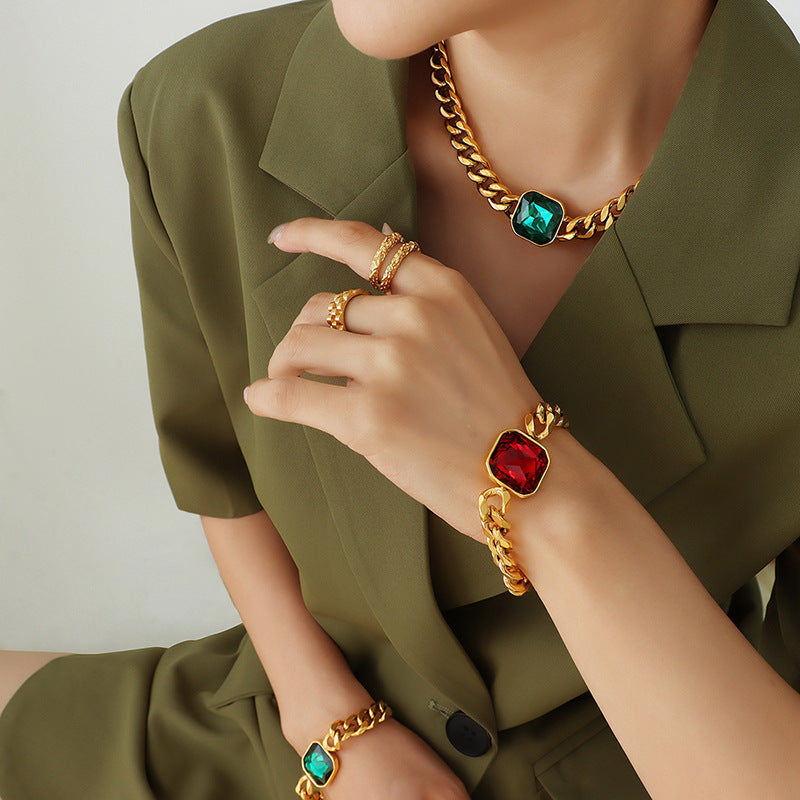 Women's Temperament Exaggerated Personalized Crystal Stone Titanium Steel Metal Cuban Link Necklaces