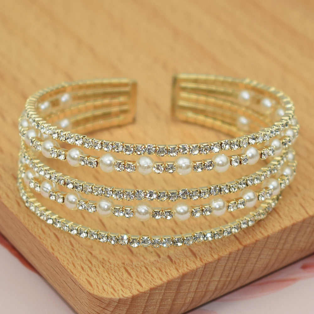 Popular Elegant Rhinestone Pearl Opening Sier-plated Bracelet