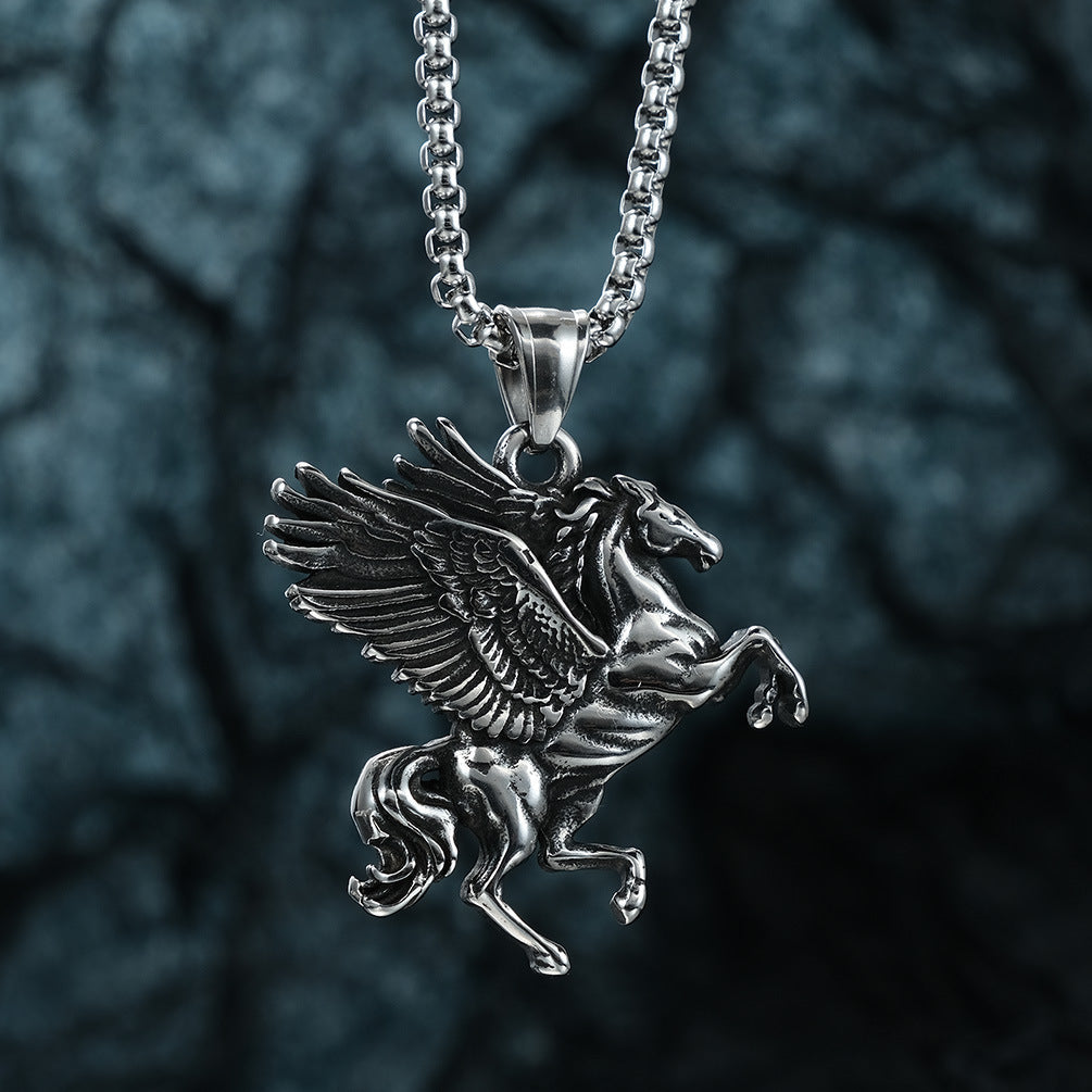 Women's & Men's Retro Style Greek Mythology Titanium Steel Pegasus Unicorn Double Wings Necklace