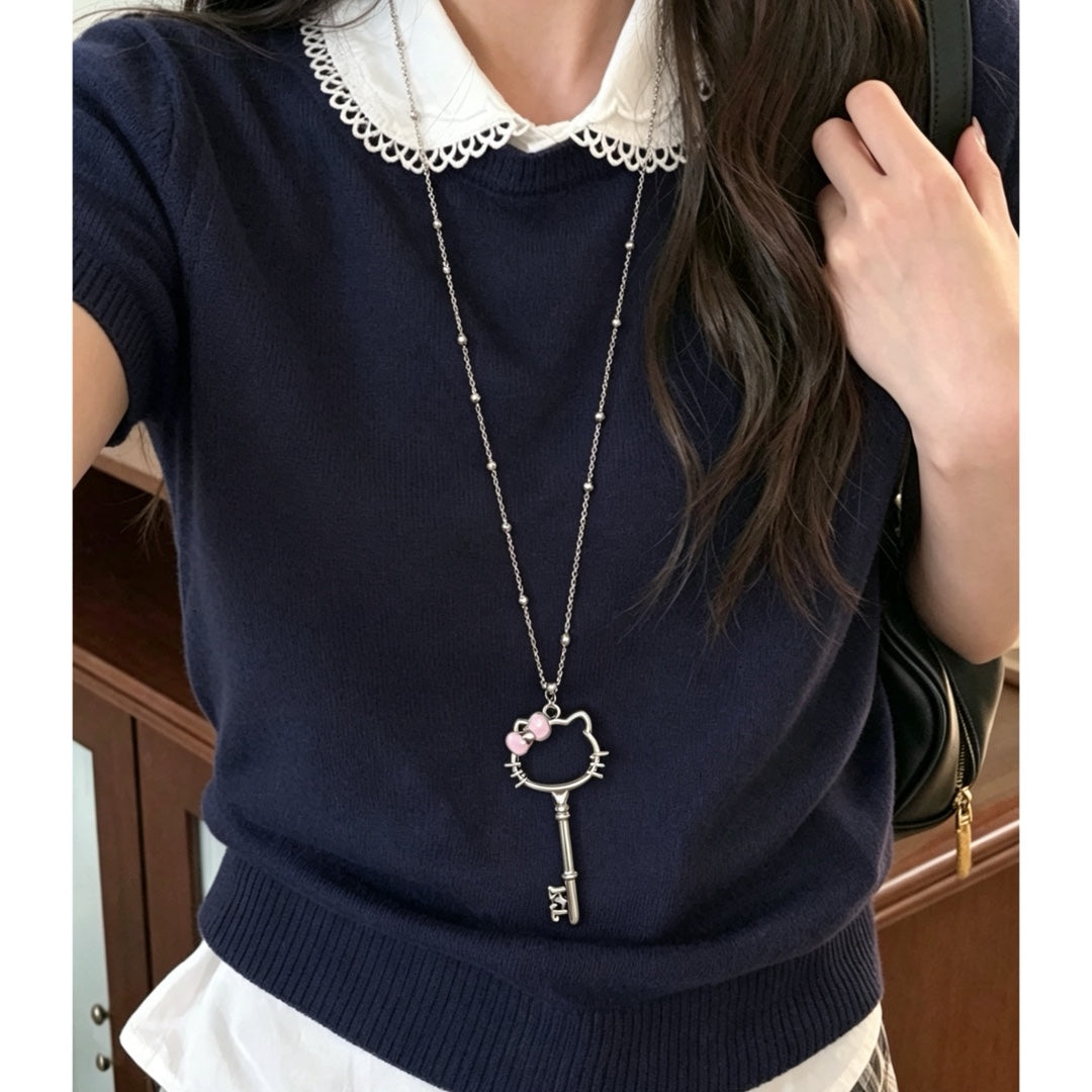 Cat Key Titanium Steel Long Female Sweet Design Stainless Sweater Necklace
