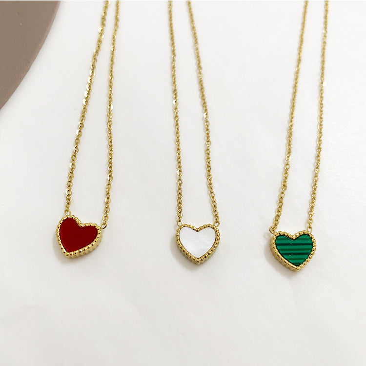 Women's Steel Double-sided Little Red Heart Shell Design Simple Green Clavicle Necklaces