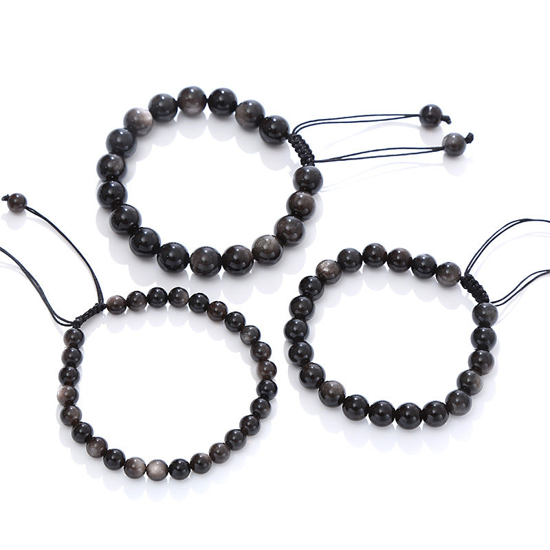 Men's Natural Sier Stone Obsidian Round Beads Bracelet