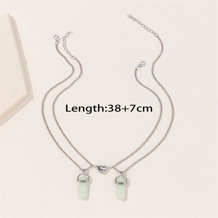 Luminous Hexagon Prism Natural Stone Heart Couple Necklaces