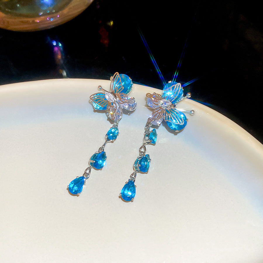 Jardin Monet Blue Glaze Flowers Pipa Pearl Chinese Retro Light Stud Earrings