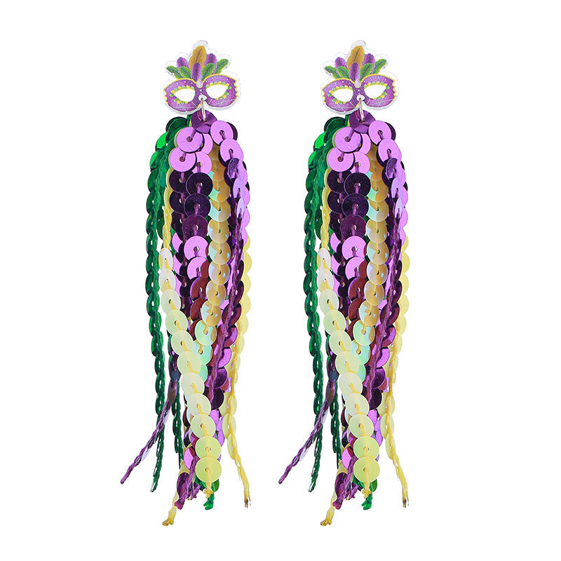 Purple Yellow Green Various Materials Ear Tassel Sequins Rhinestone Ball Earrings