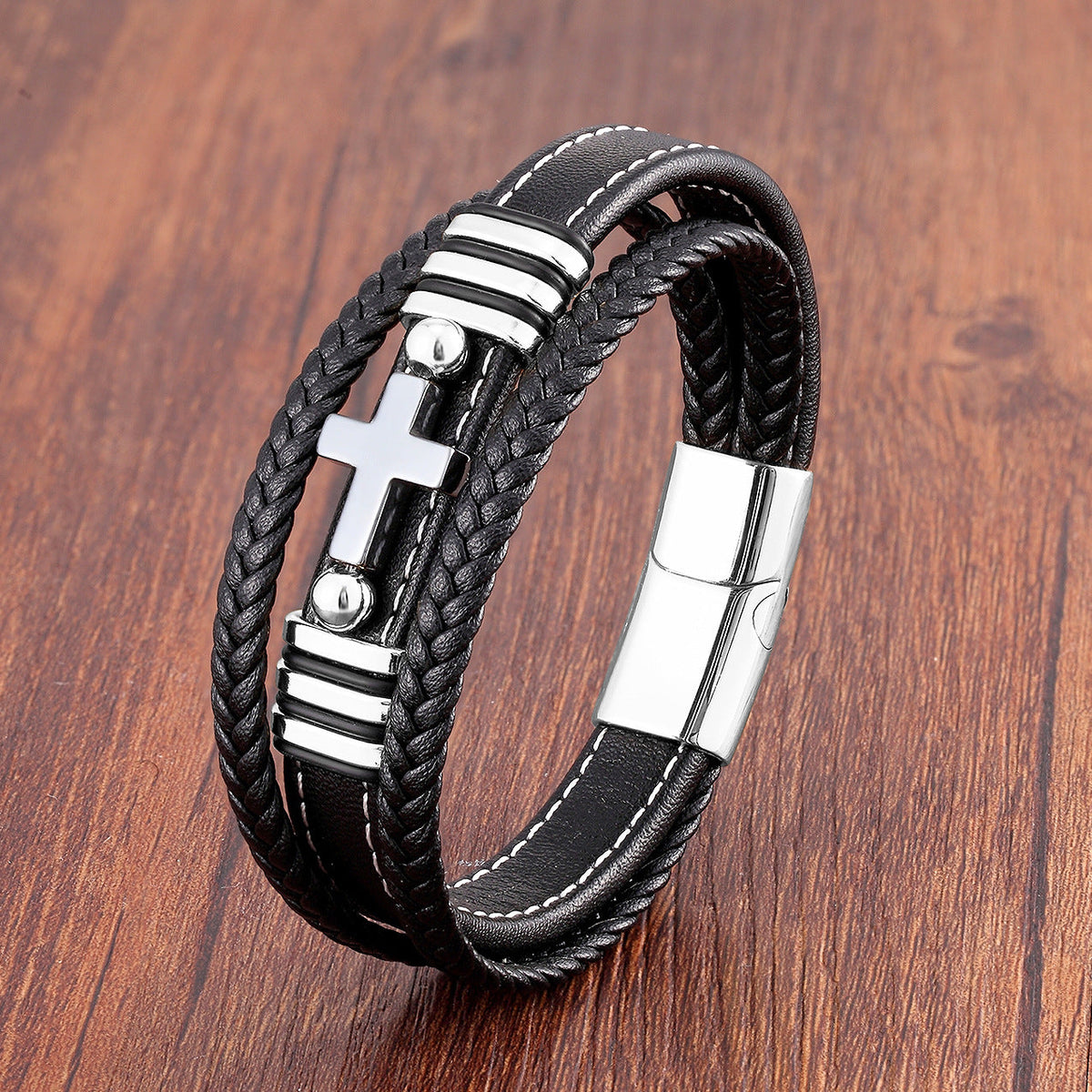 Men's Woven Leather Vintage Stone Cross Stainless Steel Bracelet