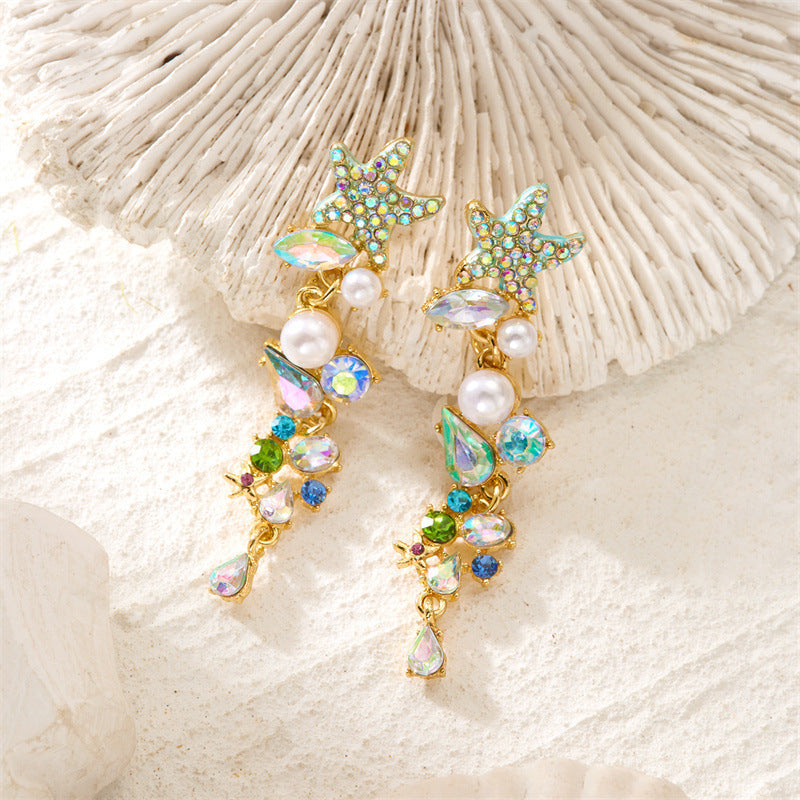 Women's Enamel Glaze Starfish Coral Diamond In The Debris Marine Shell Earrings