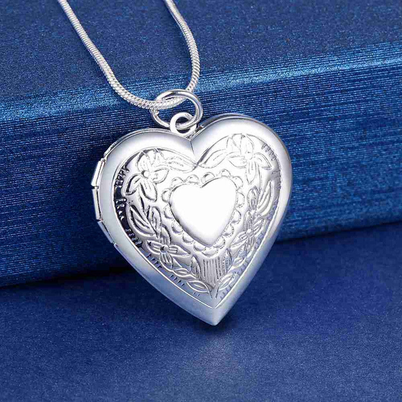 Sier Plated Heart Frame Snake Chain Necklace