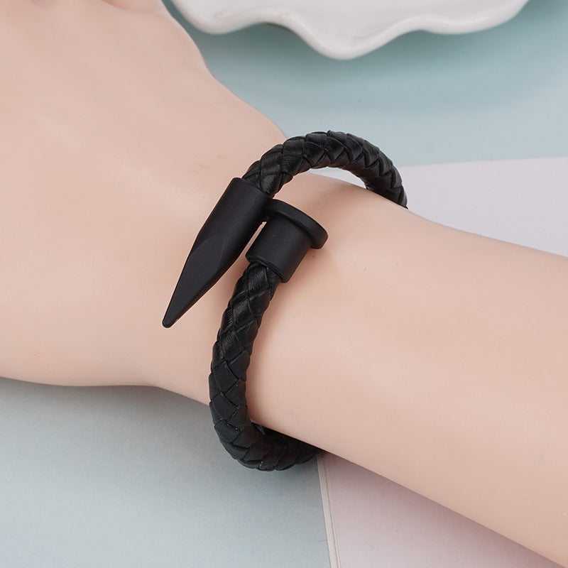 Men's Nail Head Woven Cowhide Stainless Steel Simple Black Bracelet