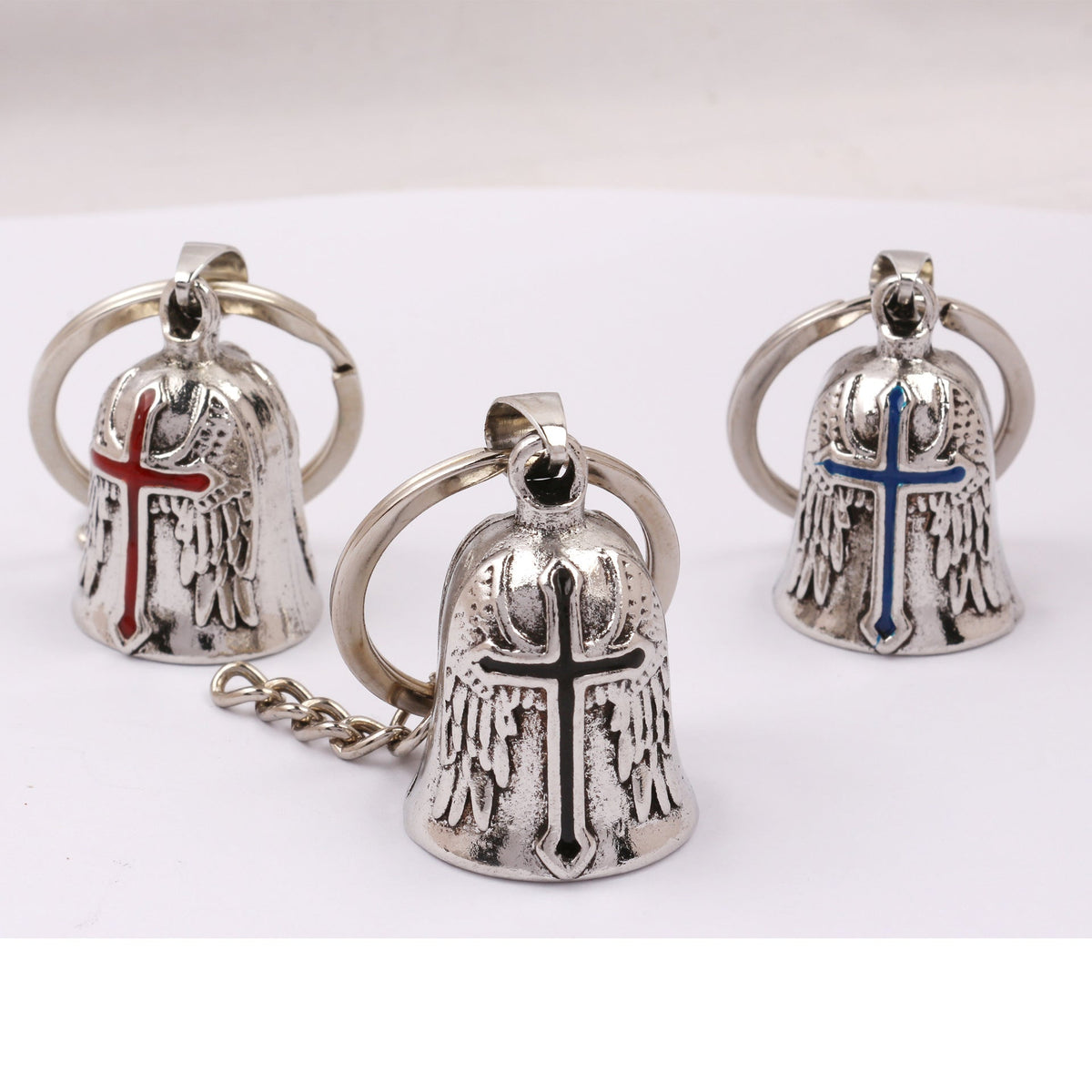 Dripping Cross Retro Punk Angel Wings Motorcycle Lucky Bell Key Necklace