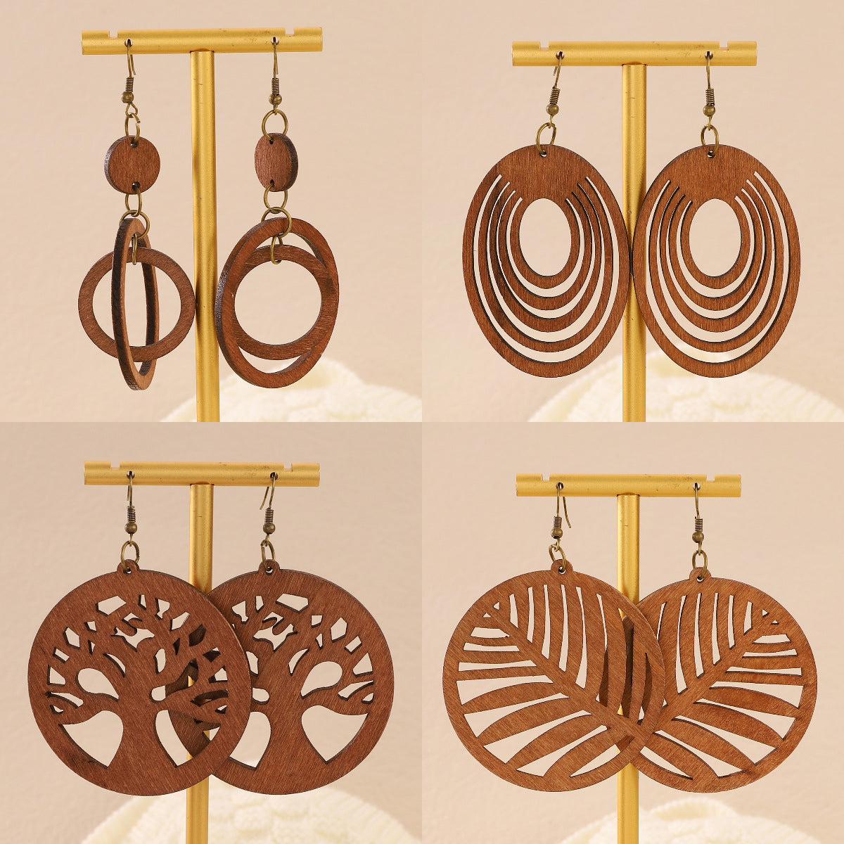 Wood Piece Hollow Lucky Tree Leaf Earrings