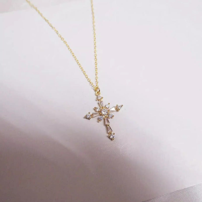 Wood American Ion Gilded Rhinestone Zircon Cross Clavicle Necklace