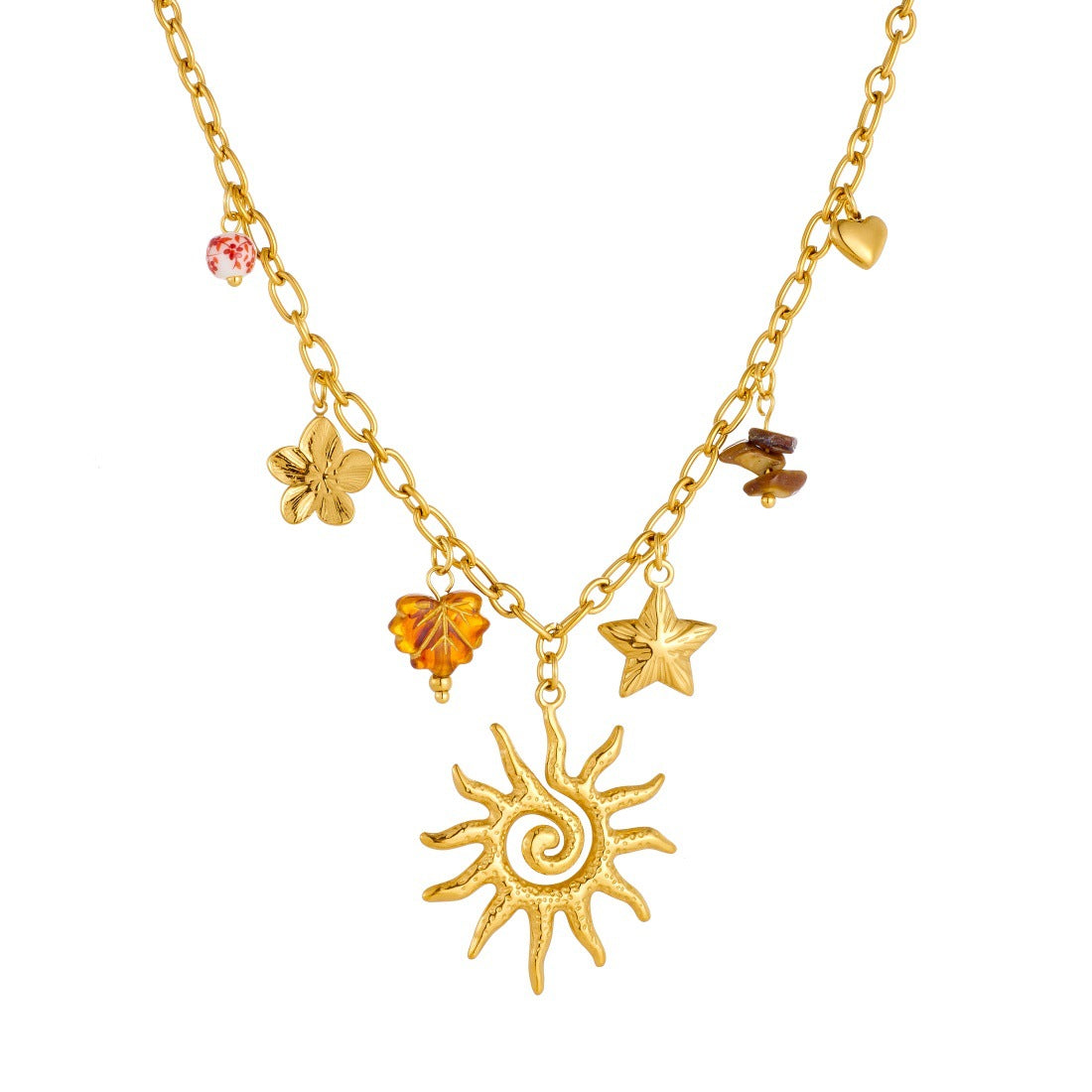 Fashion Gold-plated Star Sunflower Gravel Beaded Leaf Stainless Jewelry Set