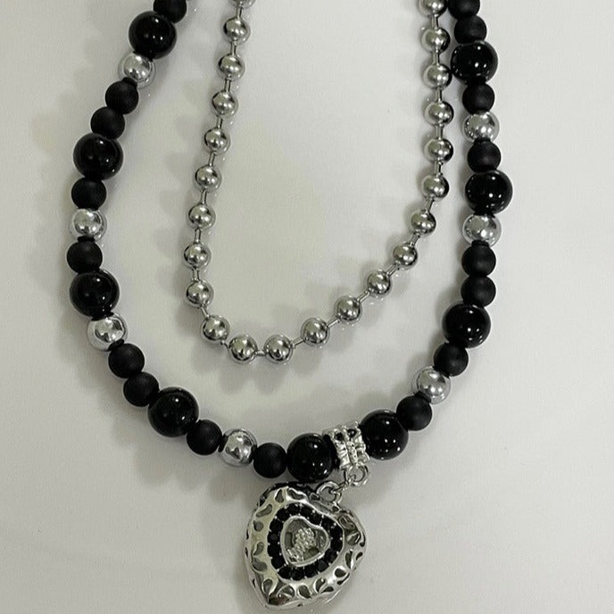 Pink Black Layered Steel Ball Diamond Love Clavicle Chain Double Necklace
