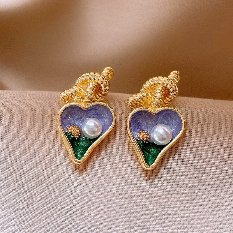 Jardin Monet Blue Glaze Flowers Pipa Pearl Chinese Retro Light Stud Earrings