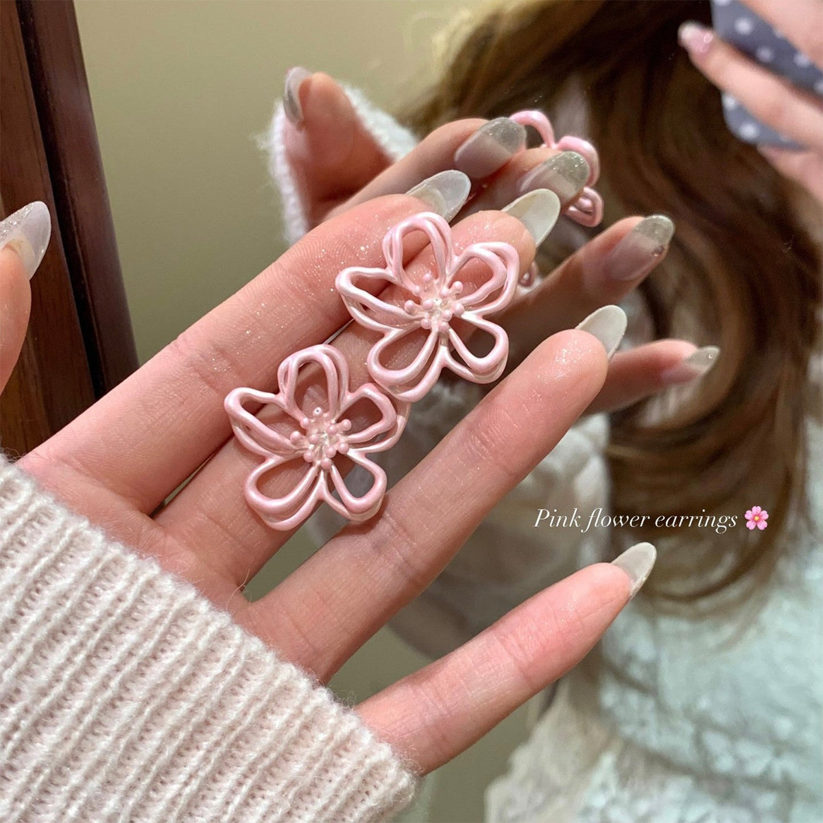 Pink Five Petal Flower Female Sier Needle Small Fresh Sweet Rings