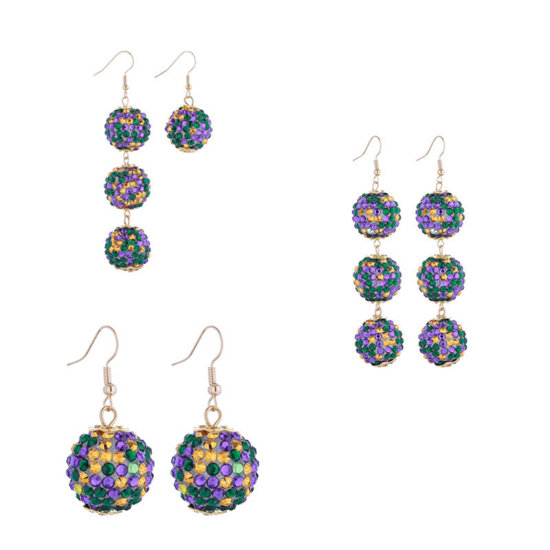 Purple Yellow Green Various Materials Ear Tassel Sequins Rhinestone Ball Earrings