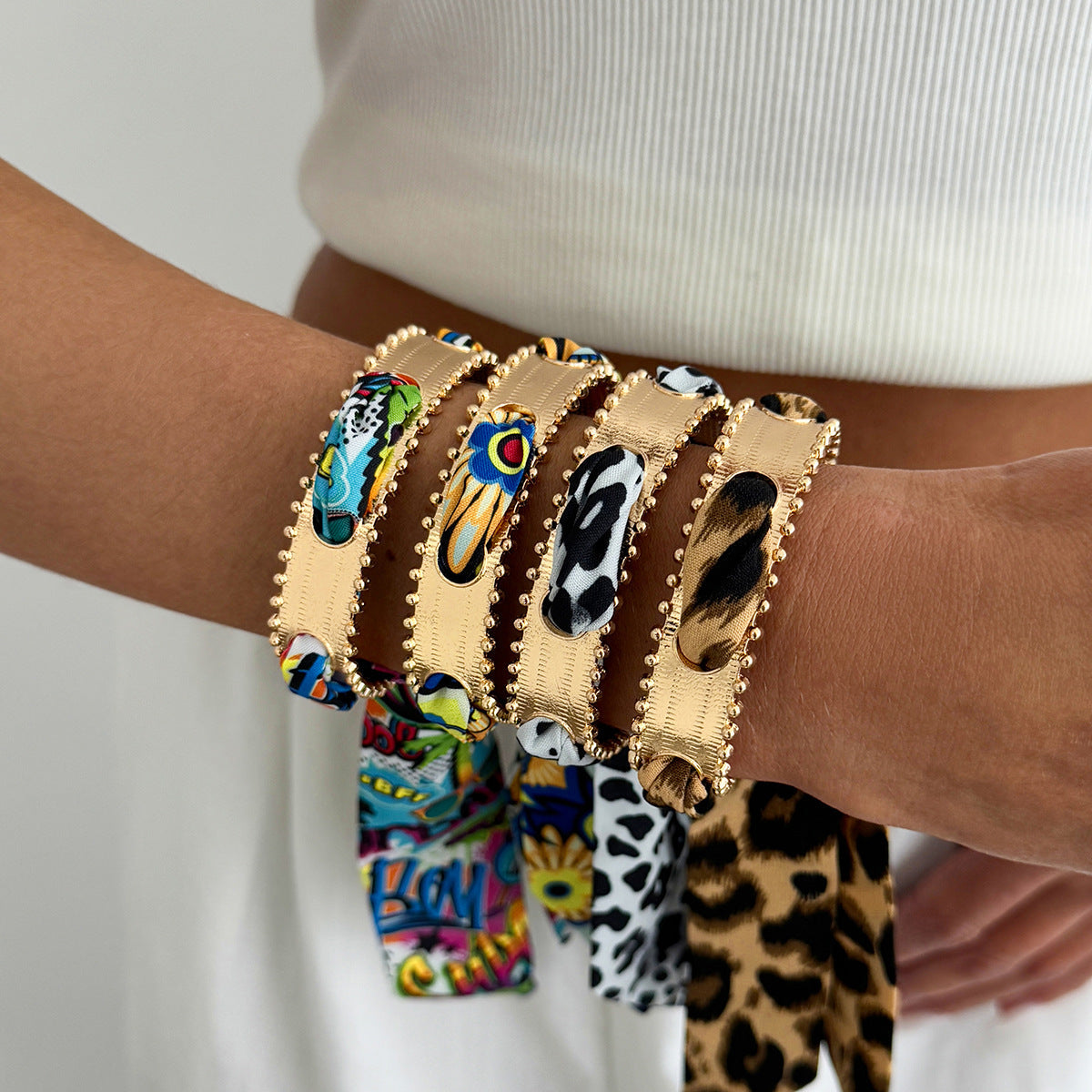Metal Hammer Pattern Wide Fashion Leopard Colorful Silk Bracelet