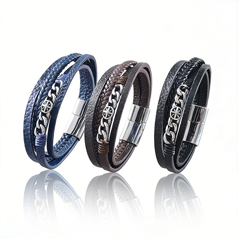 Men's Stainless Steel Chain Cross Woven Leather Bracelets