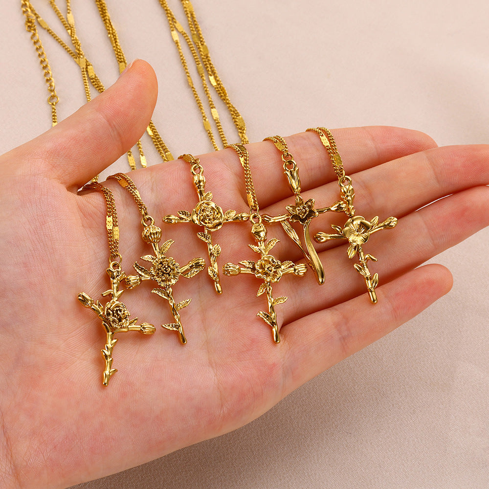 Gold-plated December Flower Three-dimensional Birthday Cross Holiday Necklace