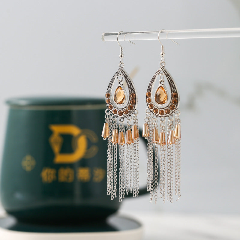 Chinese Style Long Chain Tassel Stylish Water Drop Earrings