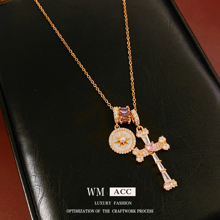 Electroplated Zircon Fritillary Cross Light Luxury Minority Clavicle Chain Temperament Necklaces